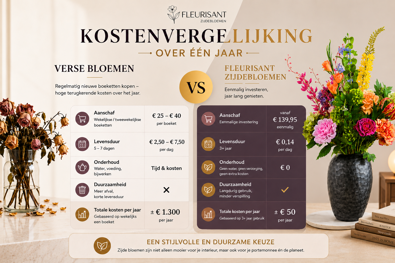 visual van kostenvergelijking tussen kunstbloemen van Fleurisant en echte bloemen waaruit blijkt dat kunstbloemen of zijdenbloemen van Fleurisant op de lange termijn veel goedkoper zijn ondanks de hogere aanschafprijs.