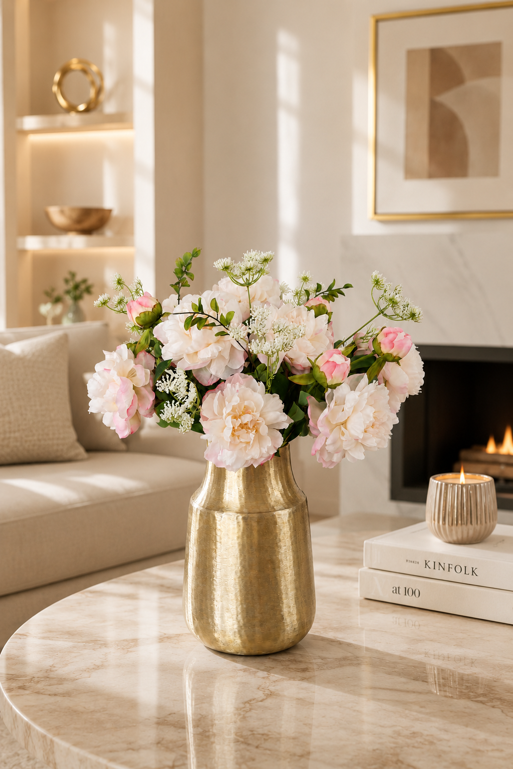 Luxe zijden pioenrozen boeket Peony Charm met volle crème- en lichtroze pioenrozen en verfijnde witte accenten in een gouden designvaas.
