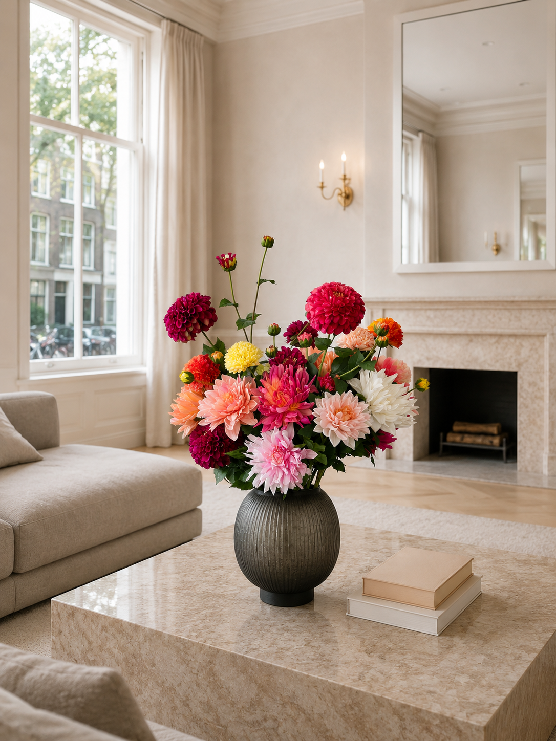 Zijden boeket Dahlia Explosion met diepe roze en oranje tinten in vaas Levi van Fleurisant