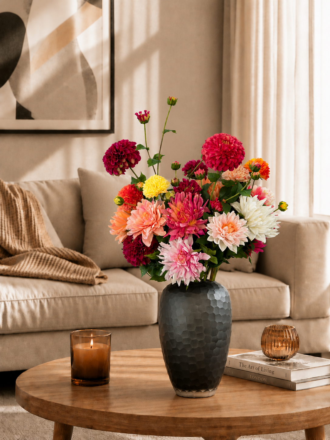 Zijden boeket Dahlia Explosion met diepe roze en oranje tinten in vaas Levi van Fleurisant
