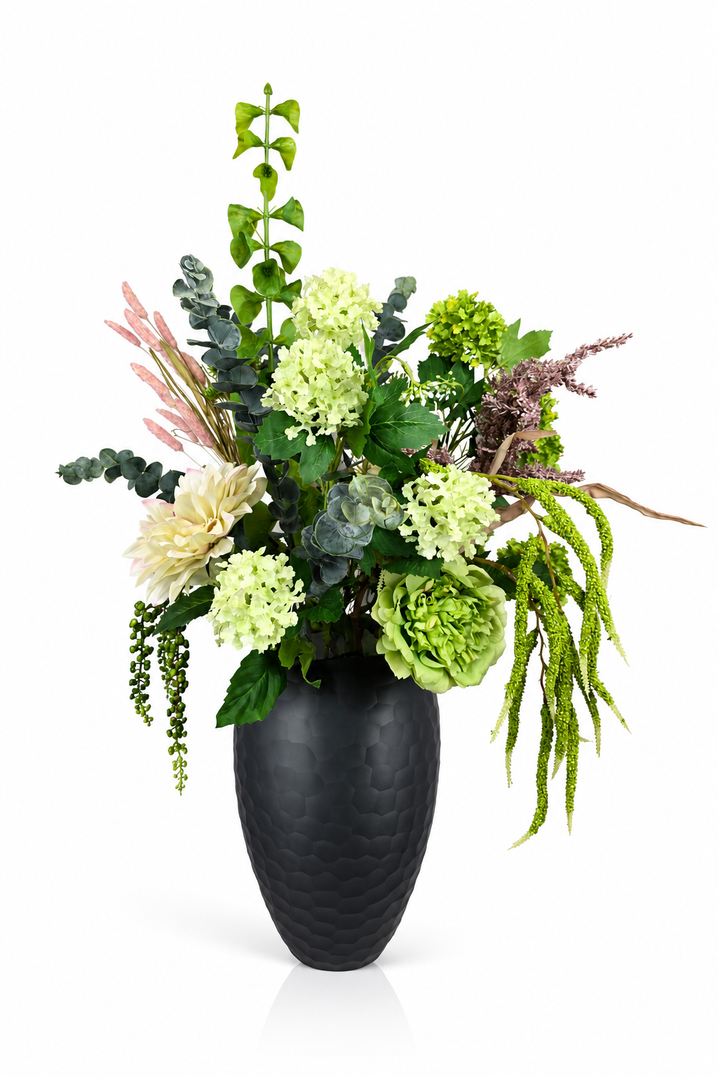 Zijden boeket Ivy met frisse groentinten en natuurlijke bloemen in luxe vaas van Fleurisant