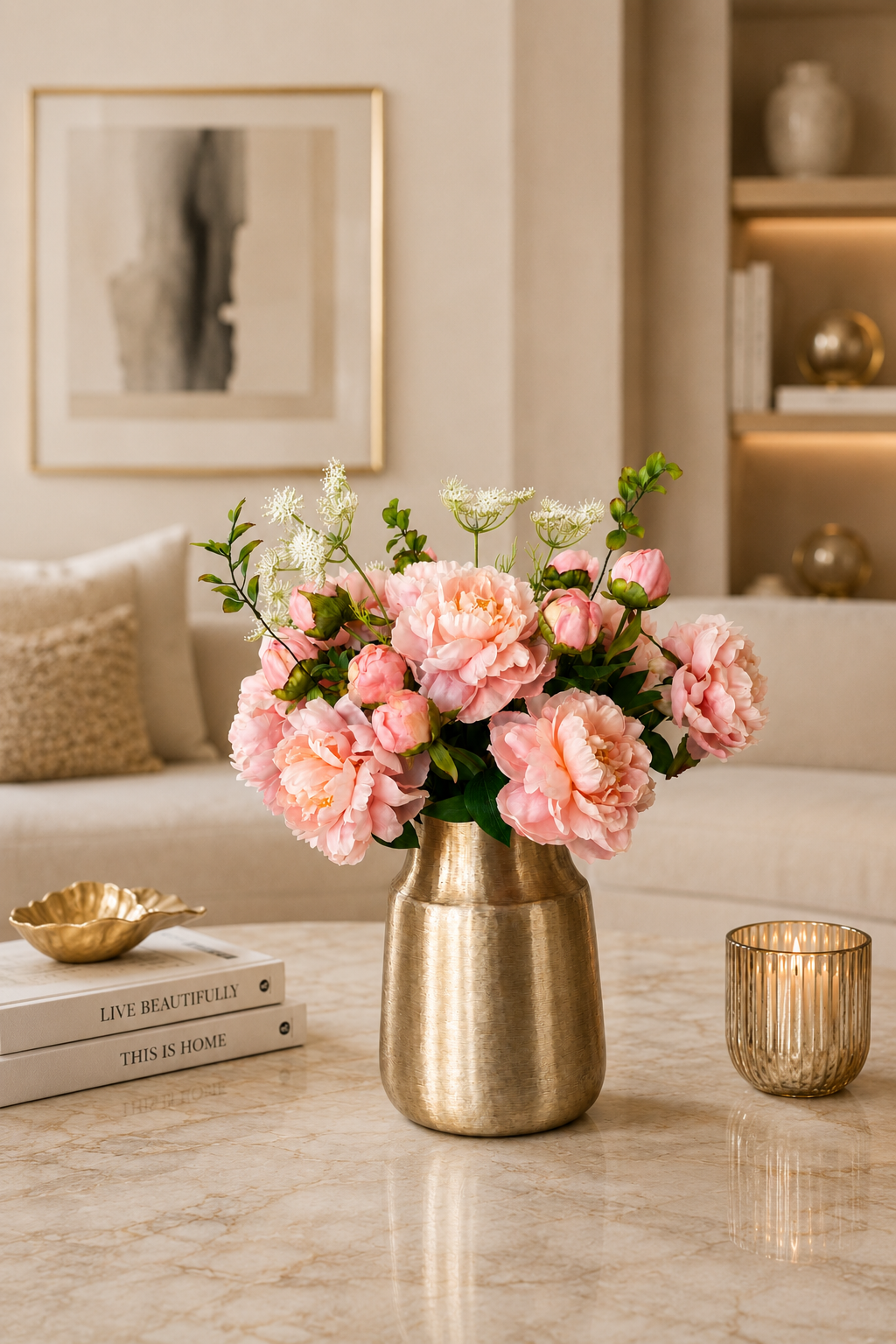 Luxe zijden pioenrozen boeket Peach met perzikkleurige pioenrozen, bloemknoppen en verfijnde groene accenten in een gouden designvaas