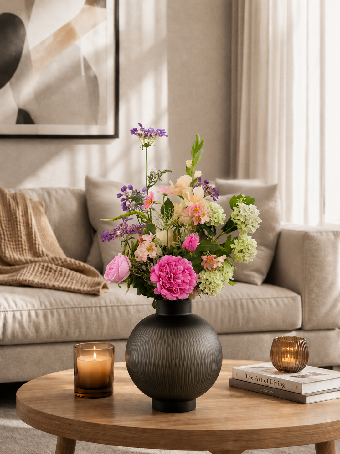 Zijden boeket Clara met roze bloemen en frisse groene accenten in donkere vaas van Fleurisant