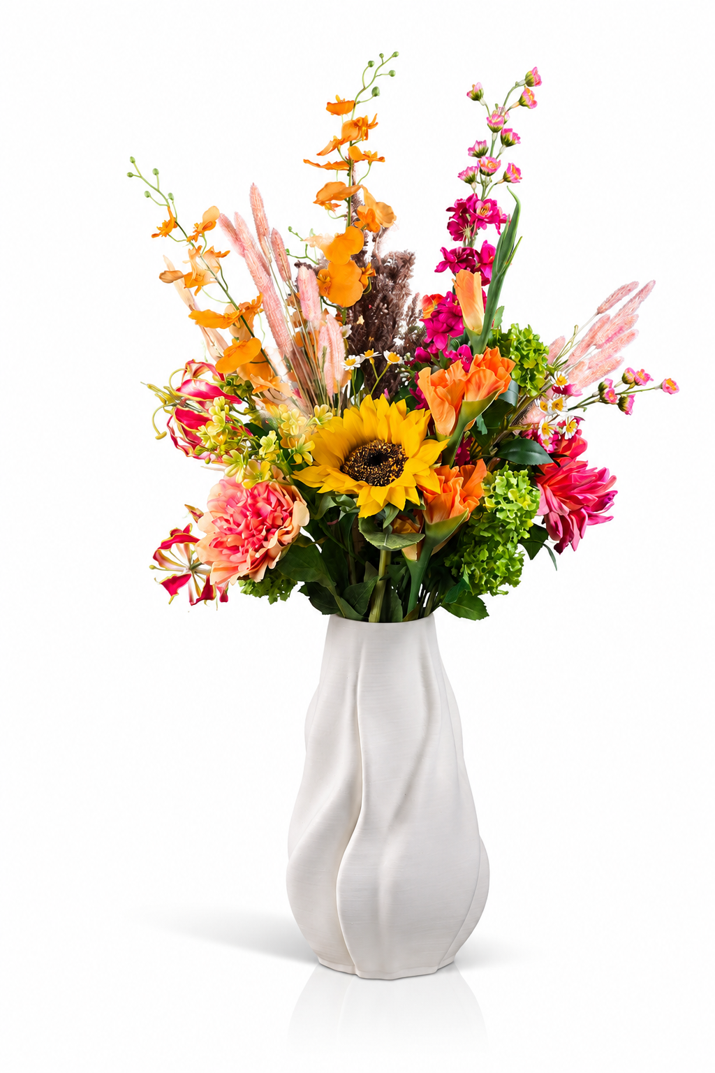 Zijden boeket kunstboeket Lina met zonnebloemen en kleurrijke bloemen in witte vaas van Fleurisant