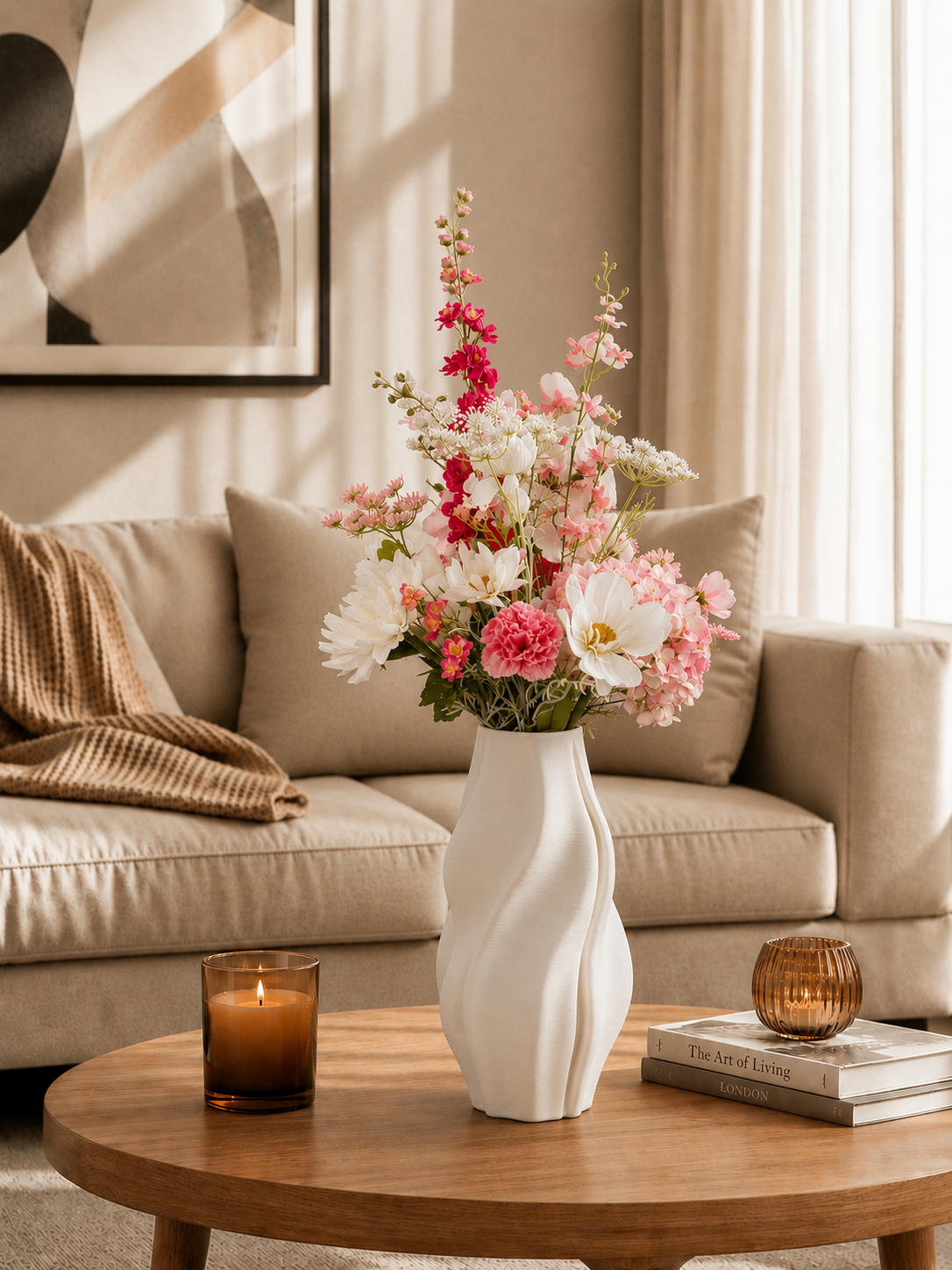 Zijden boeket Mia met zachte roze bloemen in witte vaas van Fleurisant