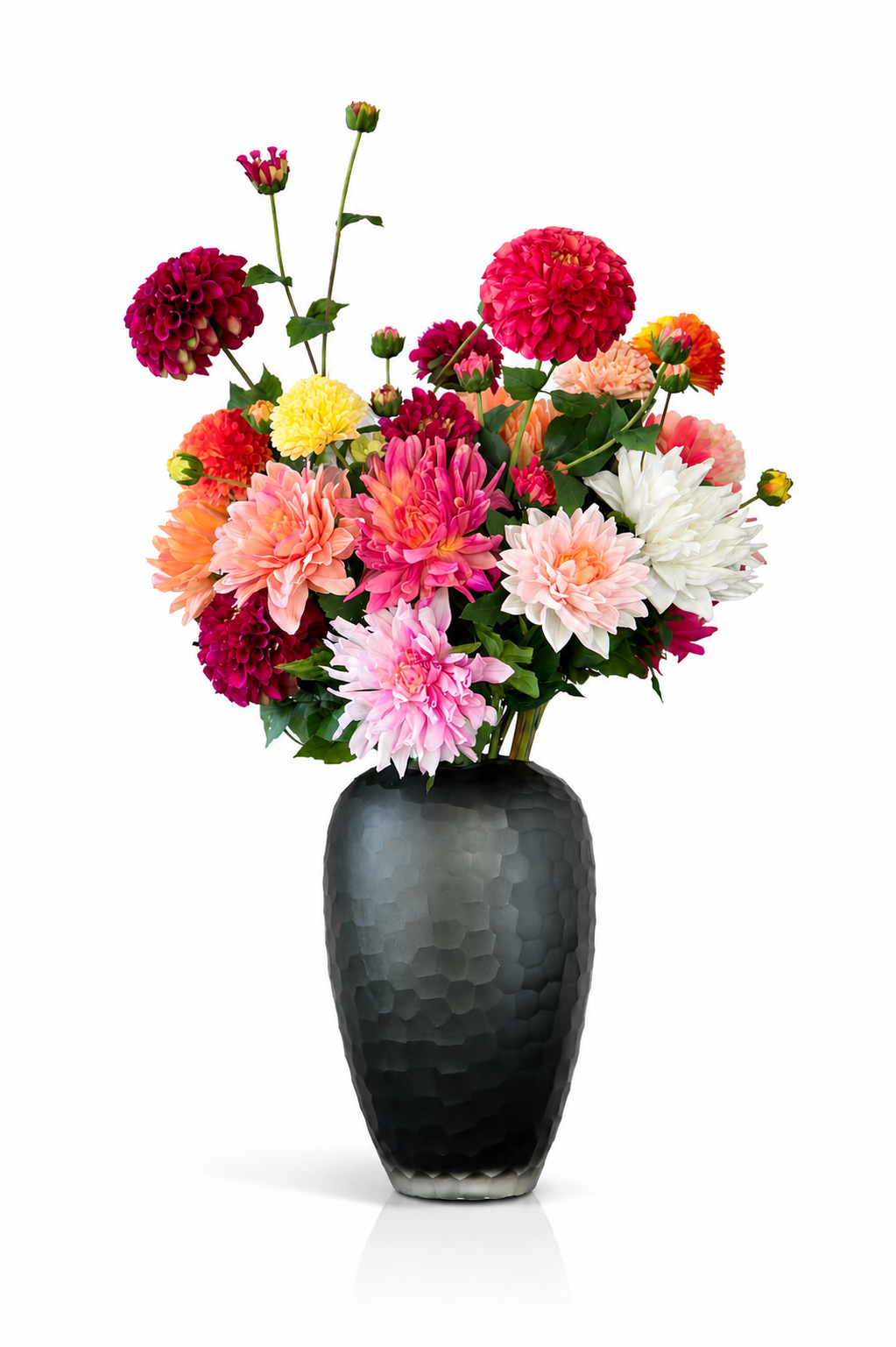 Zijden boeket Dahlia Explosion met diepe roze en oranje tinten in vaas Levi van Fleurisant