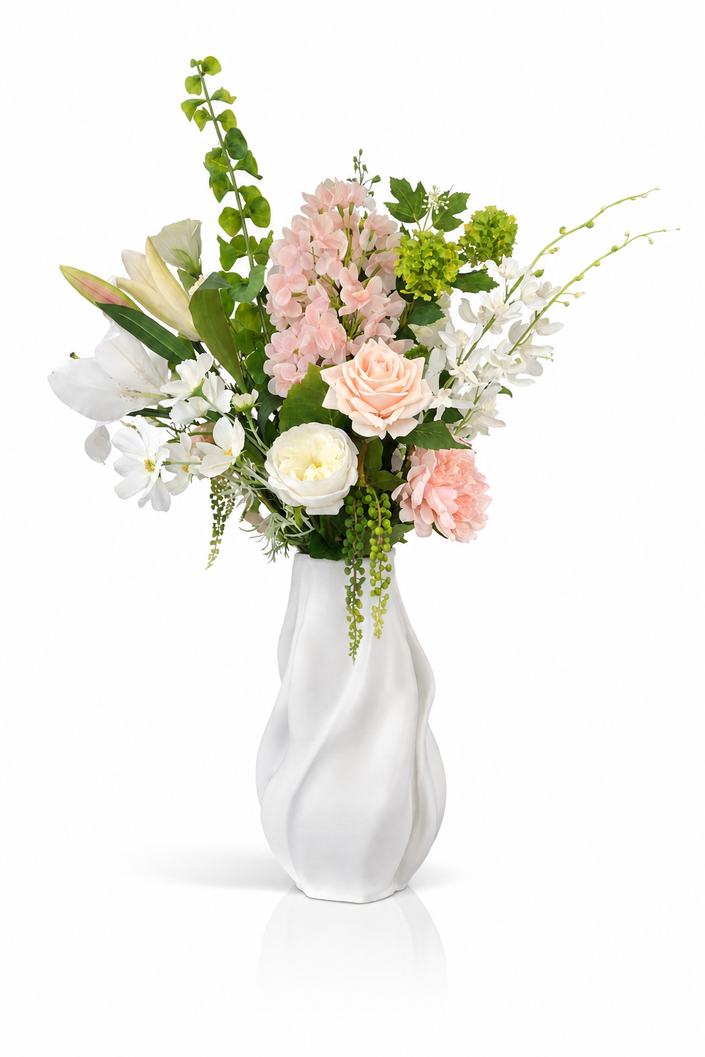 Zijden boeket Hannah met zachte roze en witte bloemen in witte vaas van Fleurisant