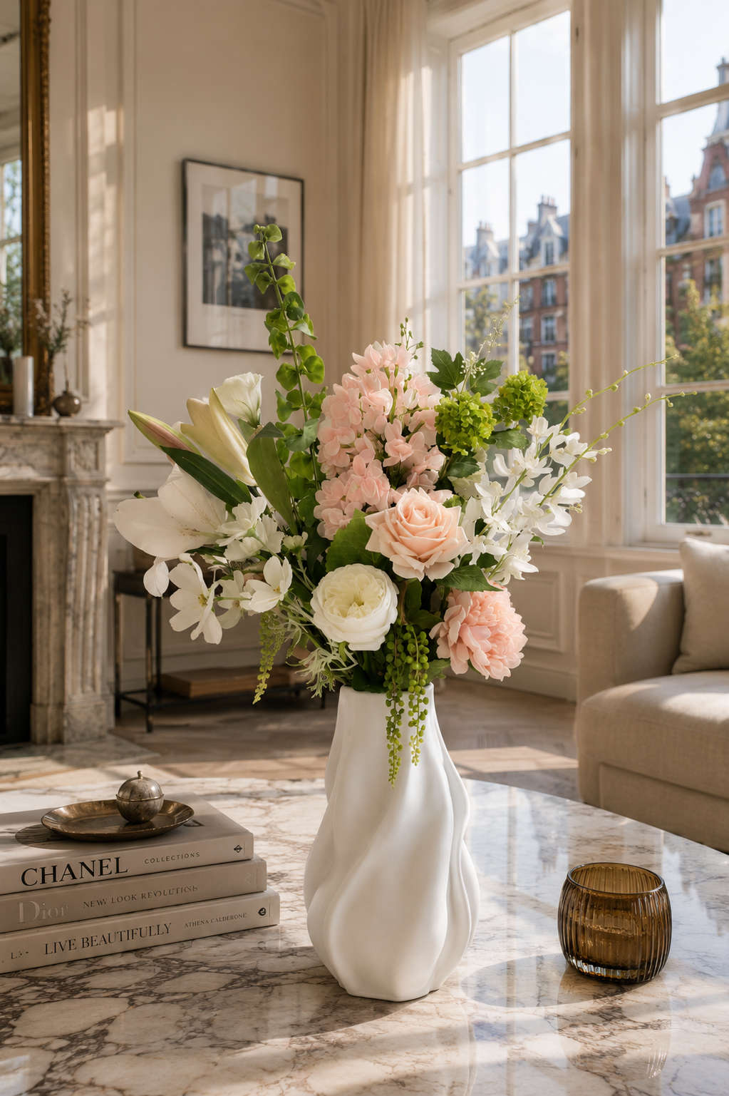 Zijden boeket Hannah met zachte roze en witte bloemen in witte vaas van Fleurisant