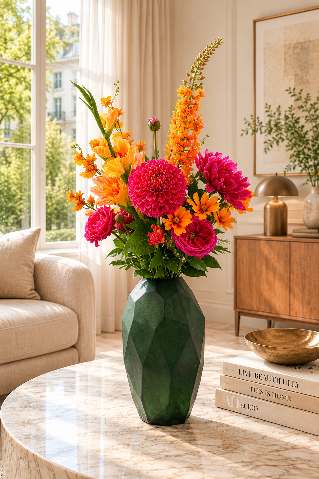Zijden boeket Lia met kleurrijke bloemen in groene glazen vaas van Fleurisant