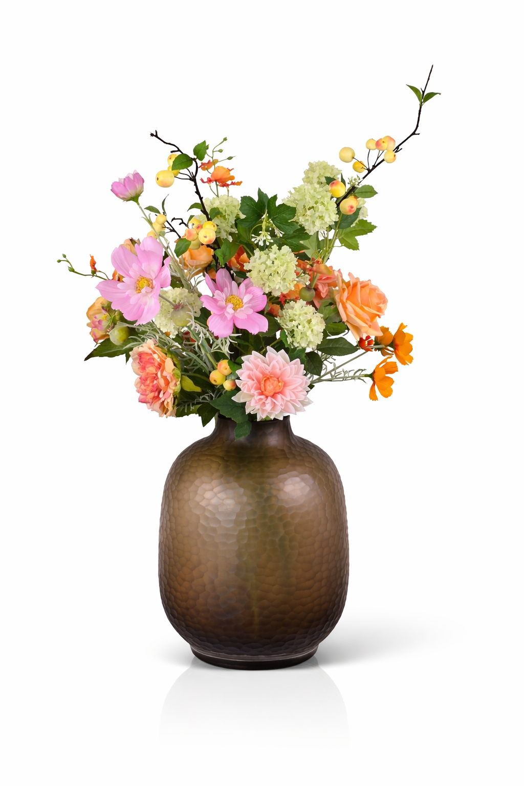 Zijden boeket Lin met roze en oranje bloemen in bruine vaas van Fleurisant