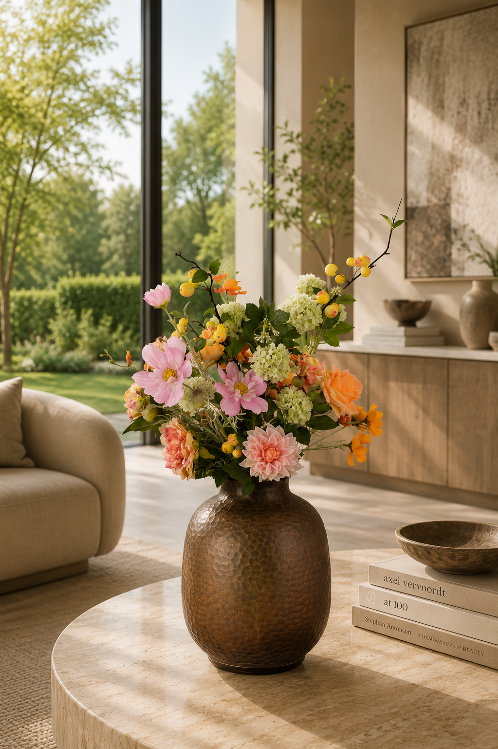 Zijden boeket Lin met roze en oranje bloemen in bruine vaas van Fleurisant