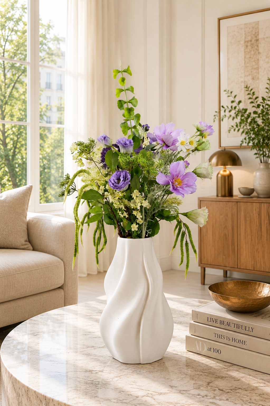 Zijden boeket Maira met zachte lila bloemen in witte vaas van Fleurisant
