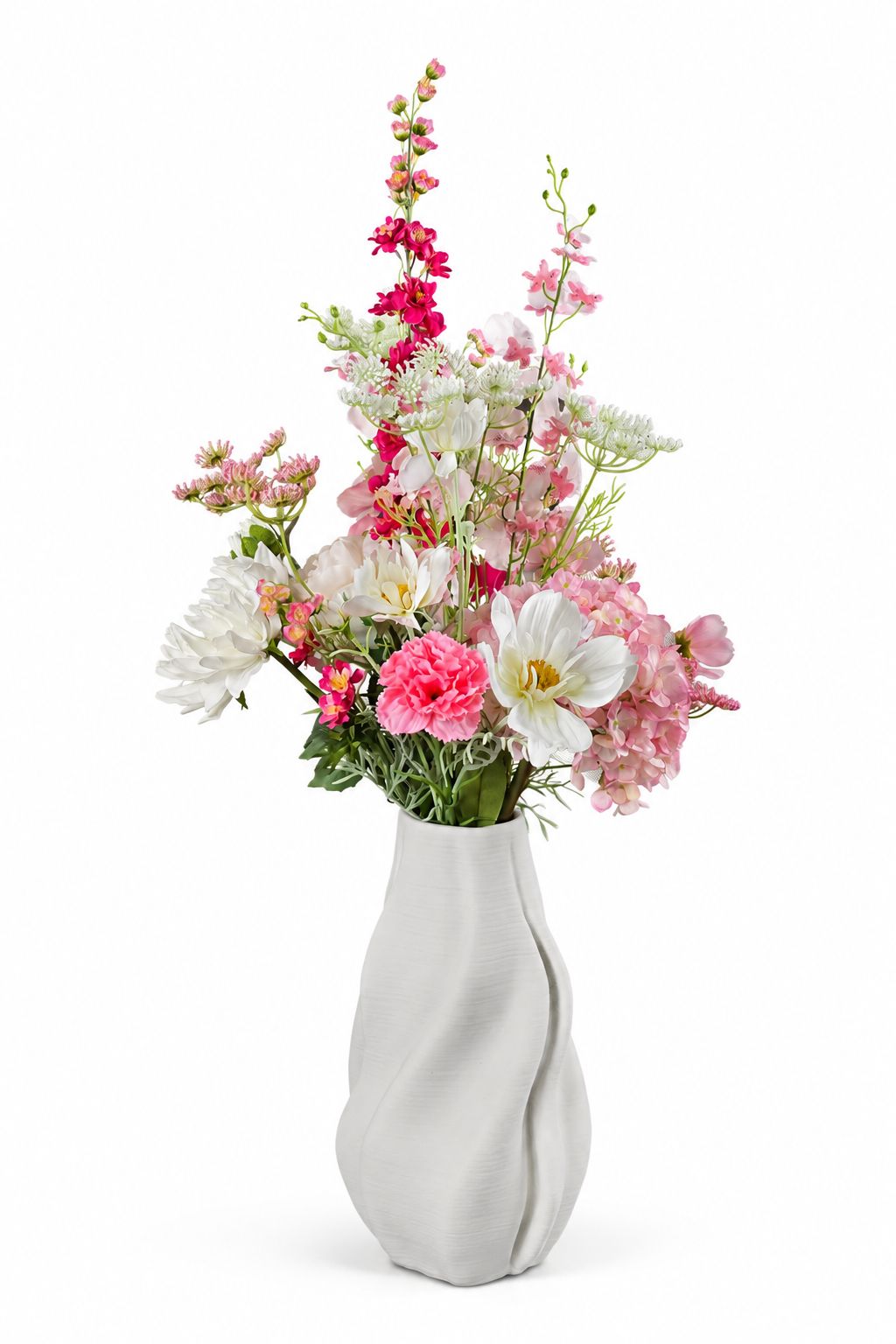 Zijden boeket Mia met zachte roze bloemen in witte vaas van Fleurisant