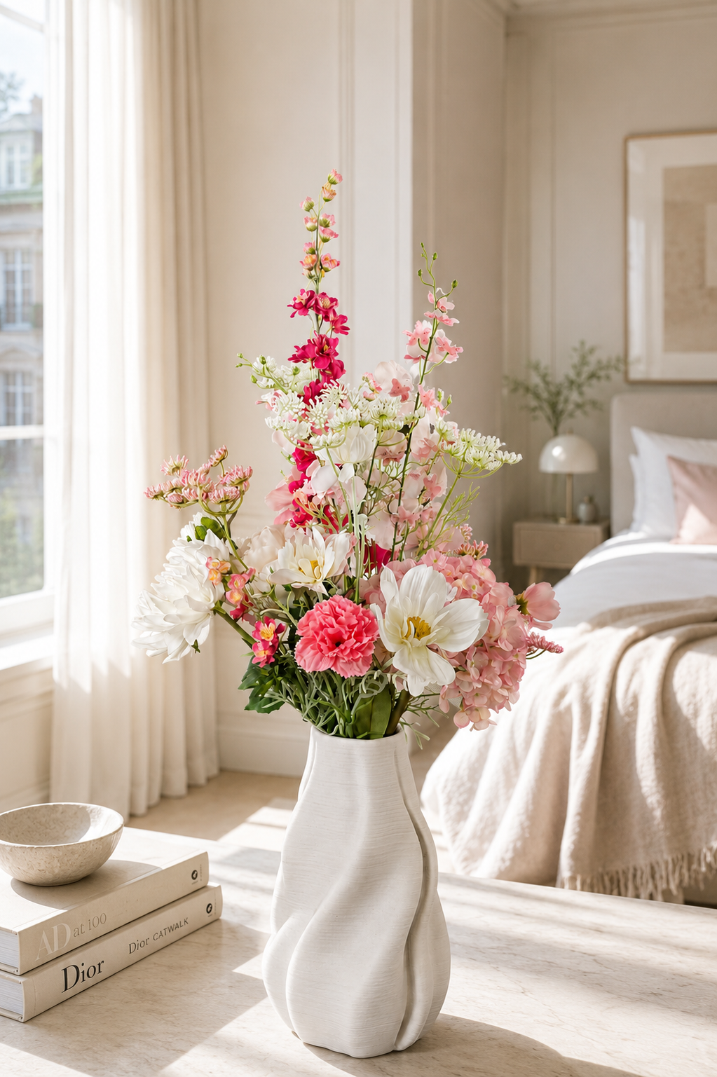 Zijden boeket Mia met zachte roze bloemen in witte vaas van Fleurisant