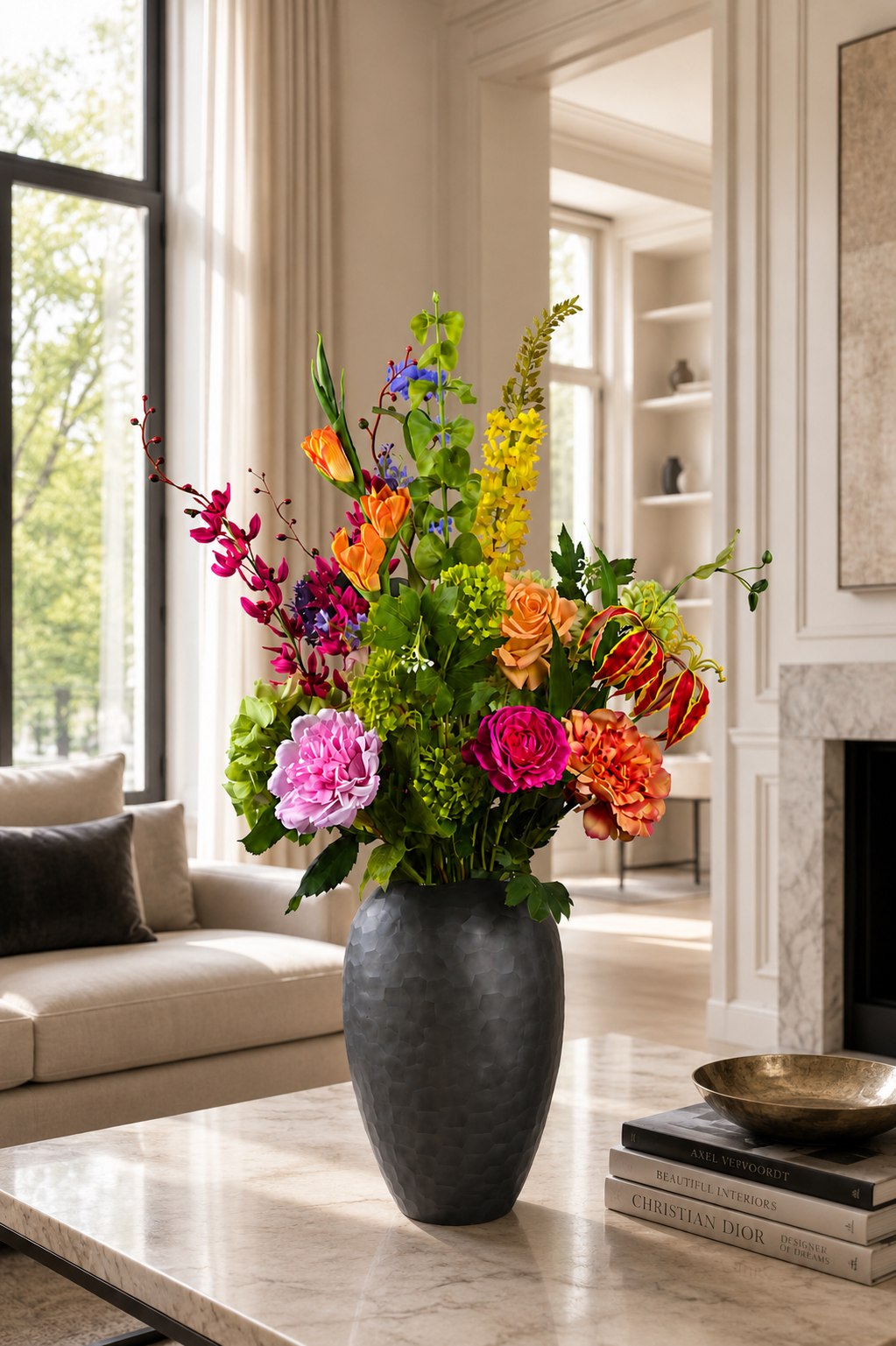 Zijden boeket Milou met kleurrijke bloemen en luxe uitstraling in vaas Levi van Fleurisant