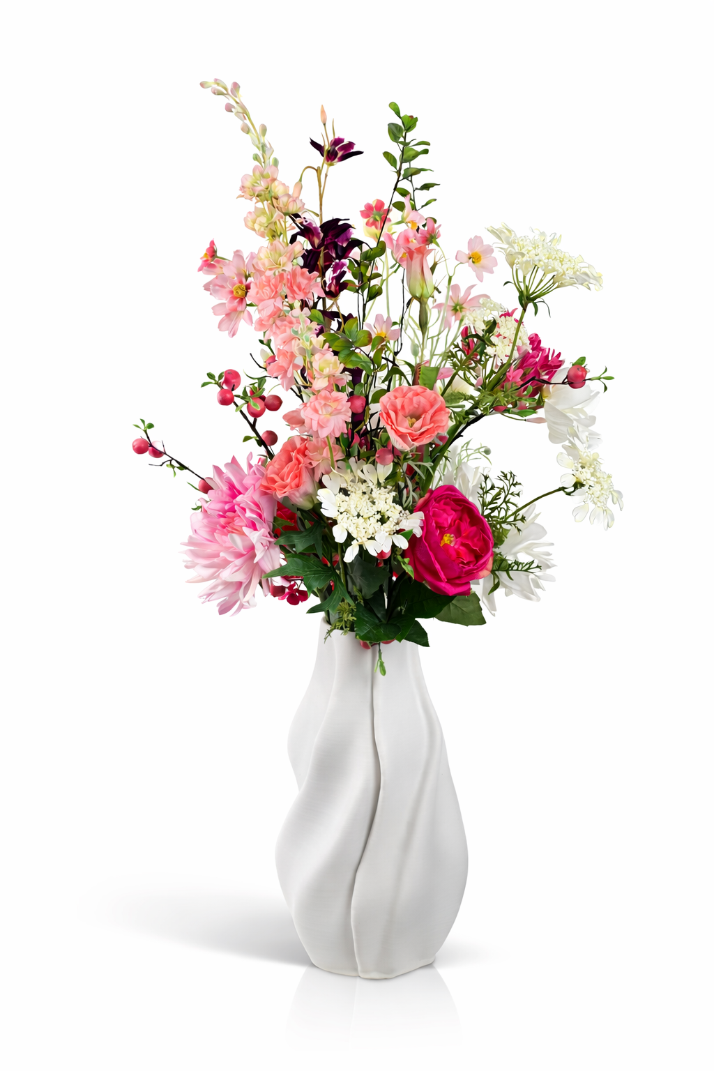 Zijden boeket Nea met roze bloemen en elegante uitstraling in witte vaas van Fleurisant