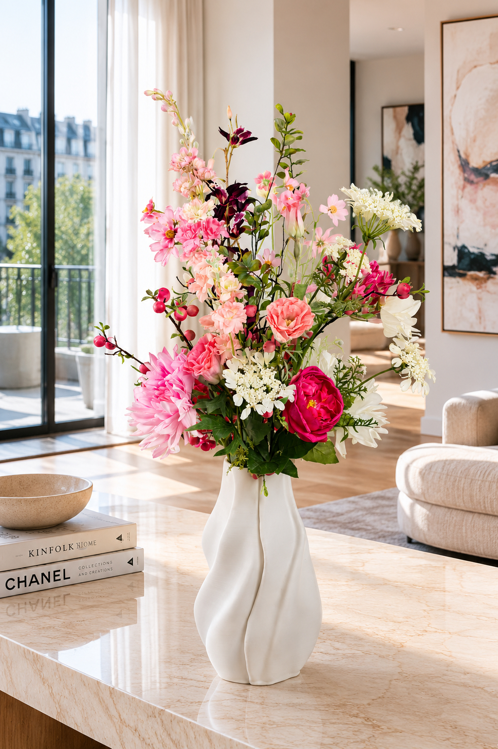 Zijden boeket Nea met roze bloemen en elegante uitstraling in witte vaas van Fleurisant