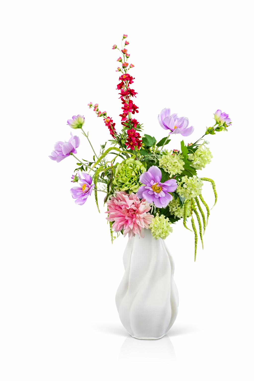 Zijden boeket Noor met frisse kleurrijke bloemen in witte vaas van Fleurisant