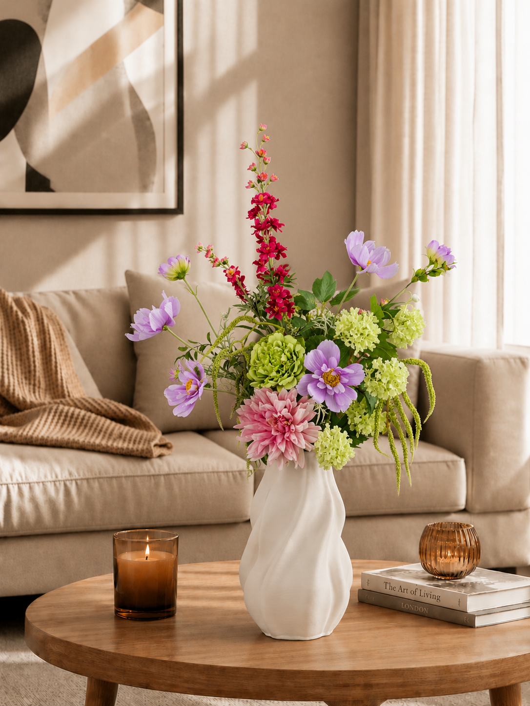 Zijden boeket Noor met frisse kleurrijke bloemen in witte vaas van Fleurisant