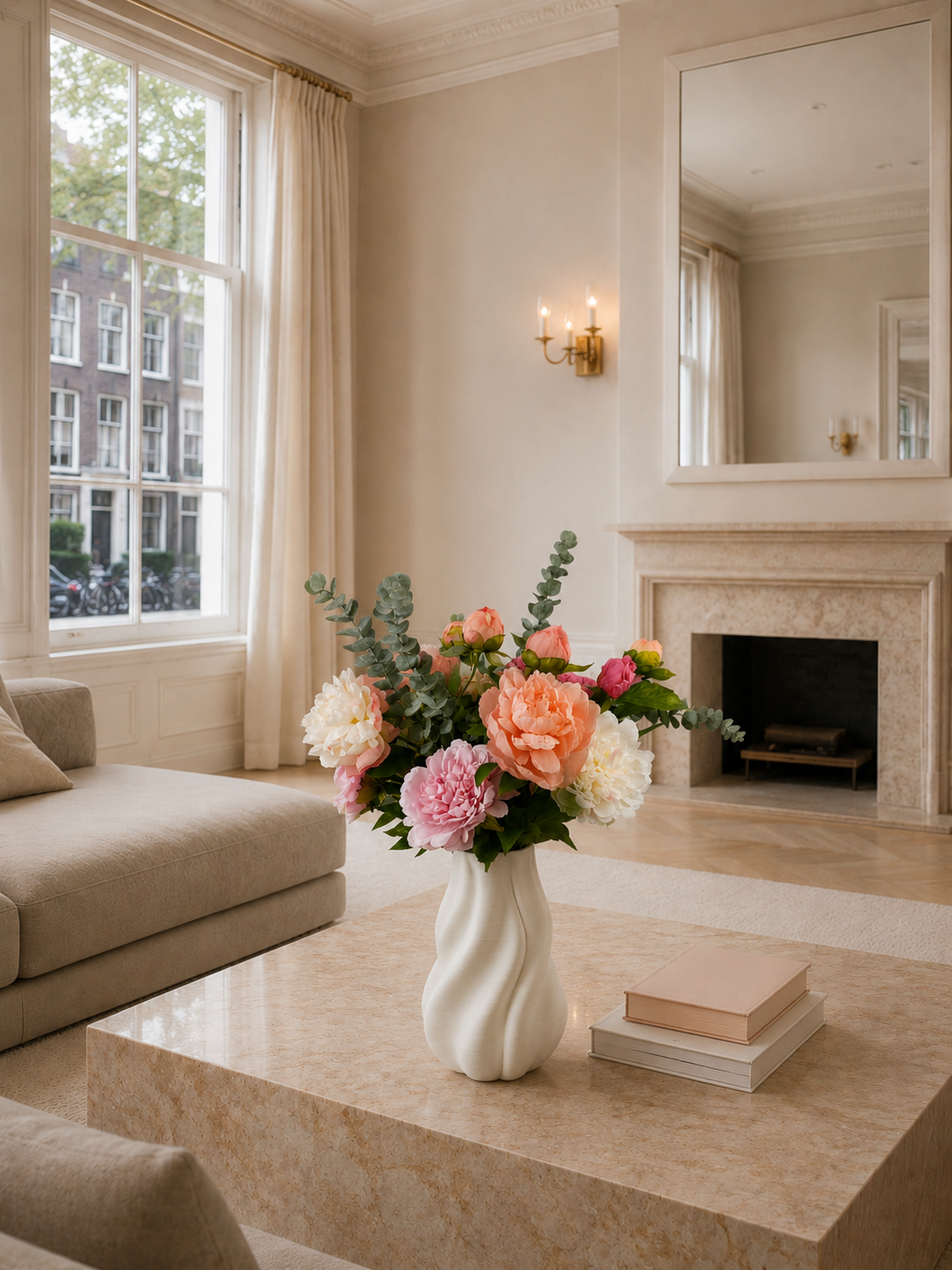 Zijden pioenrozen boeket Peony met zachte roze bloemen in witte vaas van Fleurisant