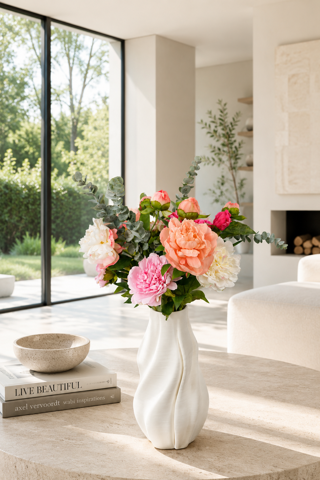 Zijden pioenrozen boeket Peony met zachte roze bloemen in witte vaas van Fleurisant