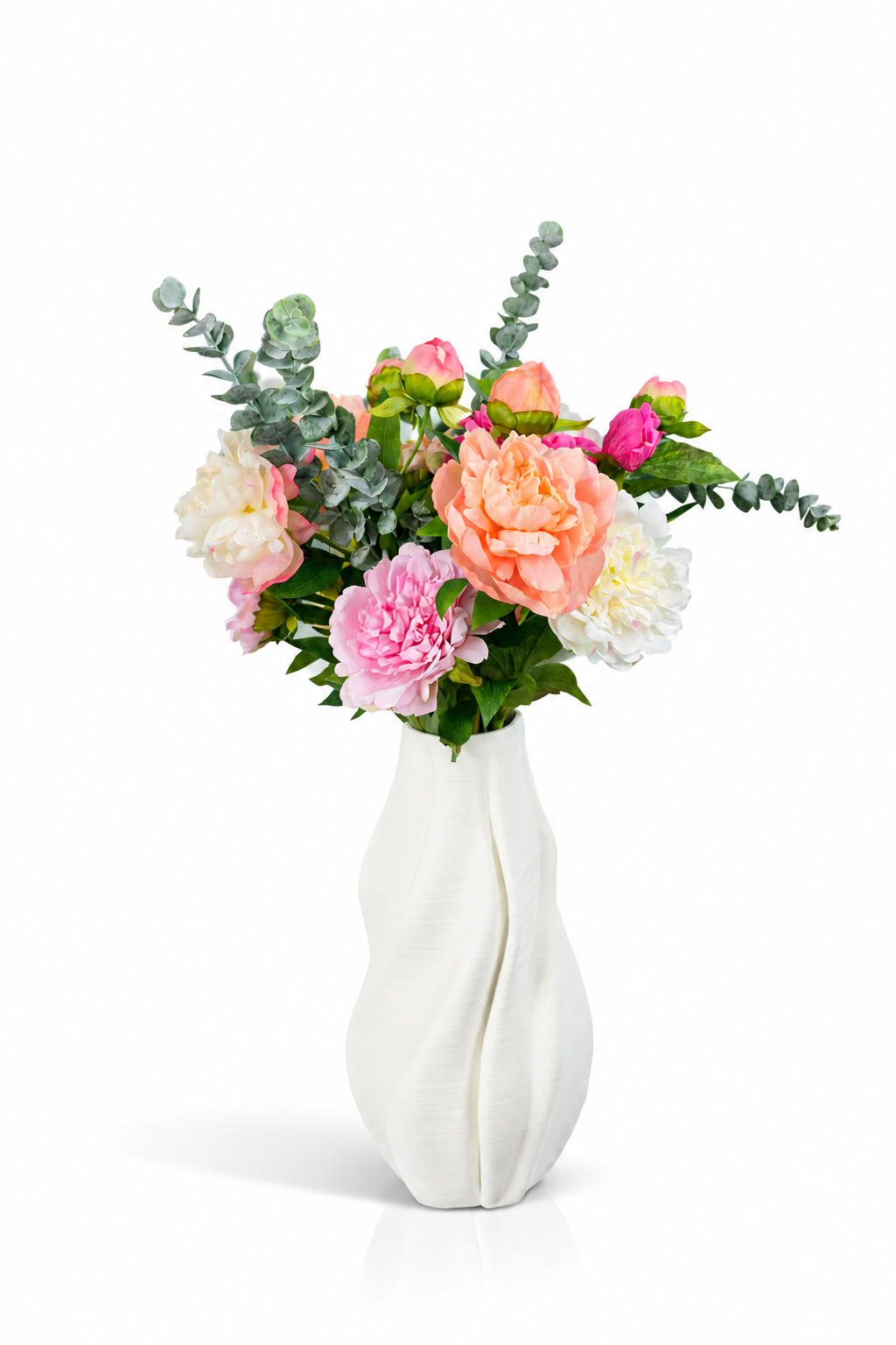 Zijden pioenrozen boeket Peony met zachte roze bloemen in witte vaas van Fleurisant